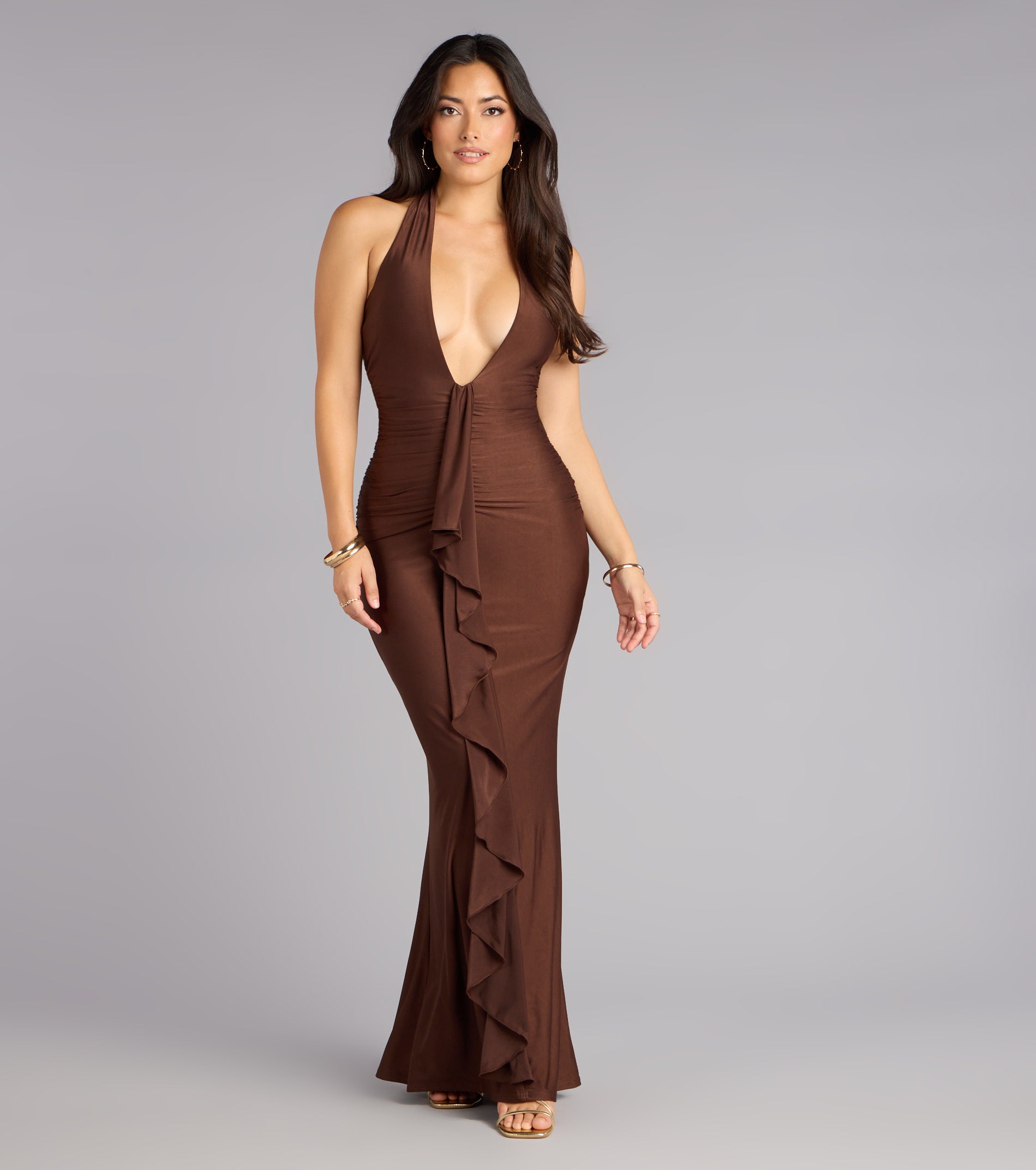 Night Whisper Plunge Ruffle Maxi Dress - Image 2