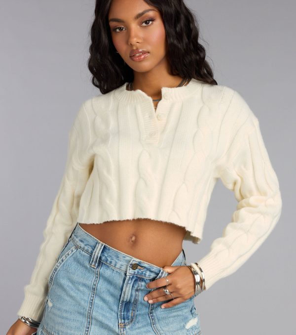 This piece brings trend-right energy to the Season Chill Cable Knit Crop Sweater, perfect for fall outfits that stand out.