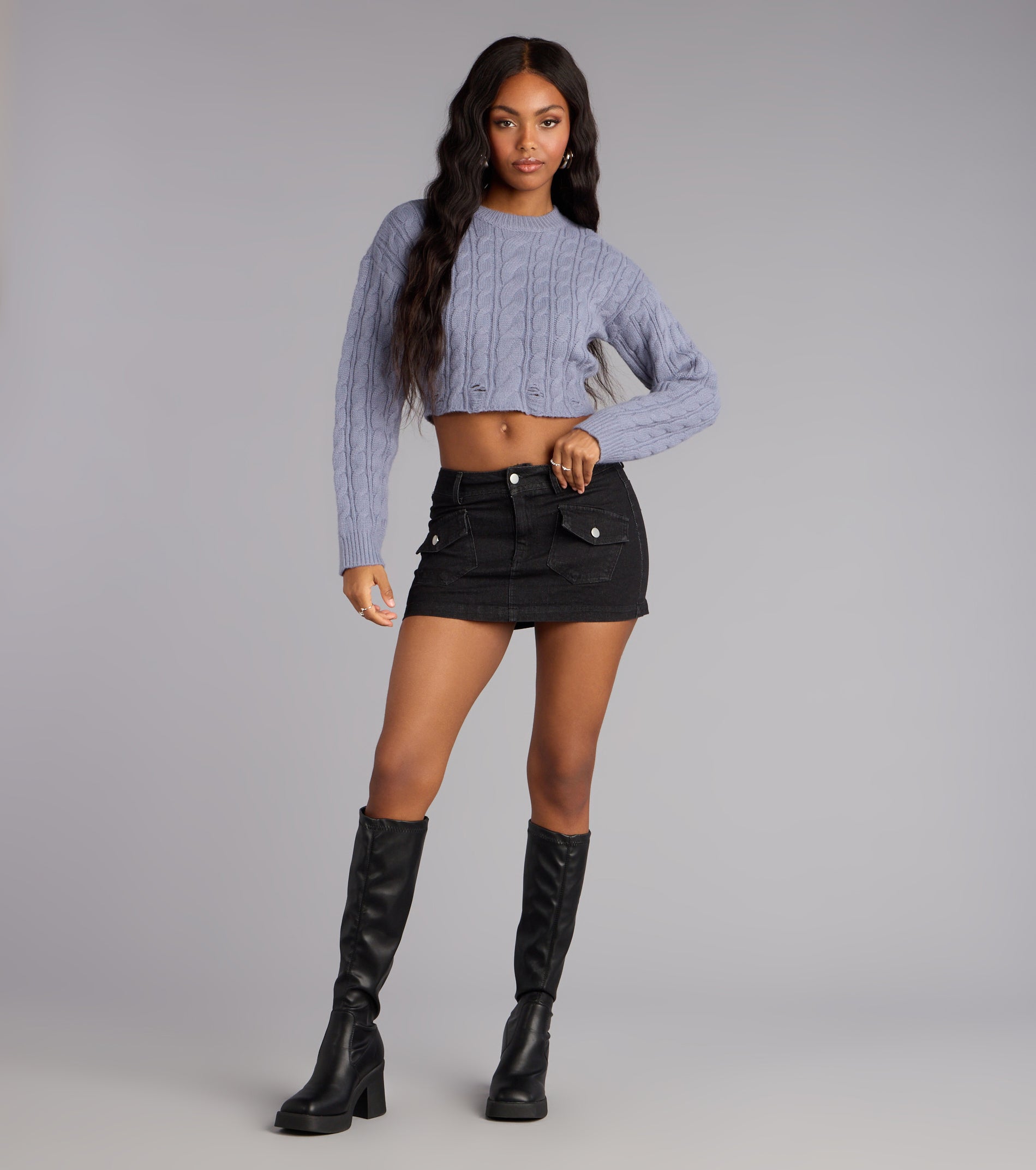 This dark denim wash piece brings trend-right energy to the Falling for Knits Crop Sweater, perfect for fall outfits that stand out.