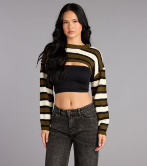 Trendy women’s tops in 0, like the Coffee Run Striped Sweater Topper, bring effortless style for fall layering, lounging, or going out.