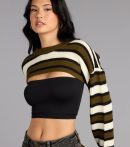 Trendy women’s tops in 0, like the Coffee Run Striped Sweater Topper, bring effortless style for fall layering, lounging, or going out.