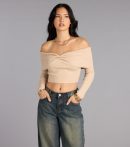 Trendy women’s tops in 0, like the Snug Luxe Off-The-Shoulder Crop Top, bring effortless style for fall layering, lounging, or going out.