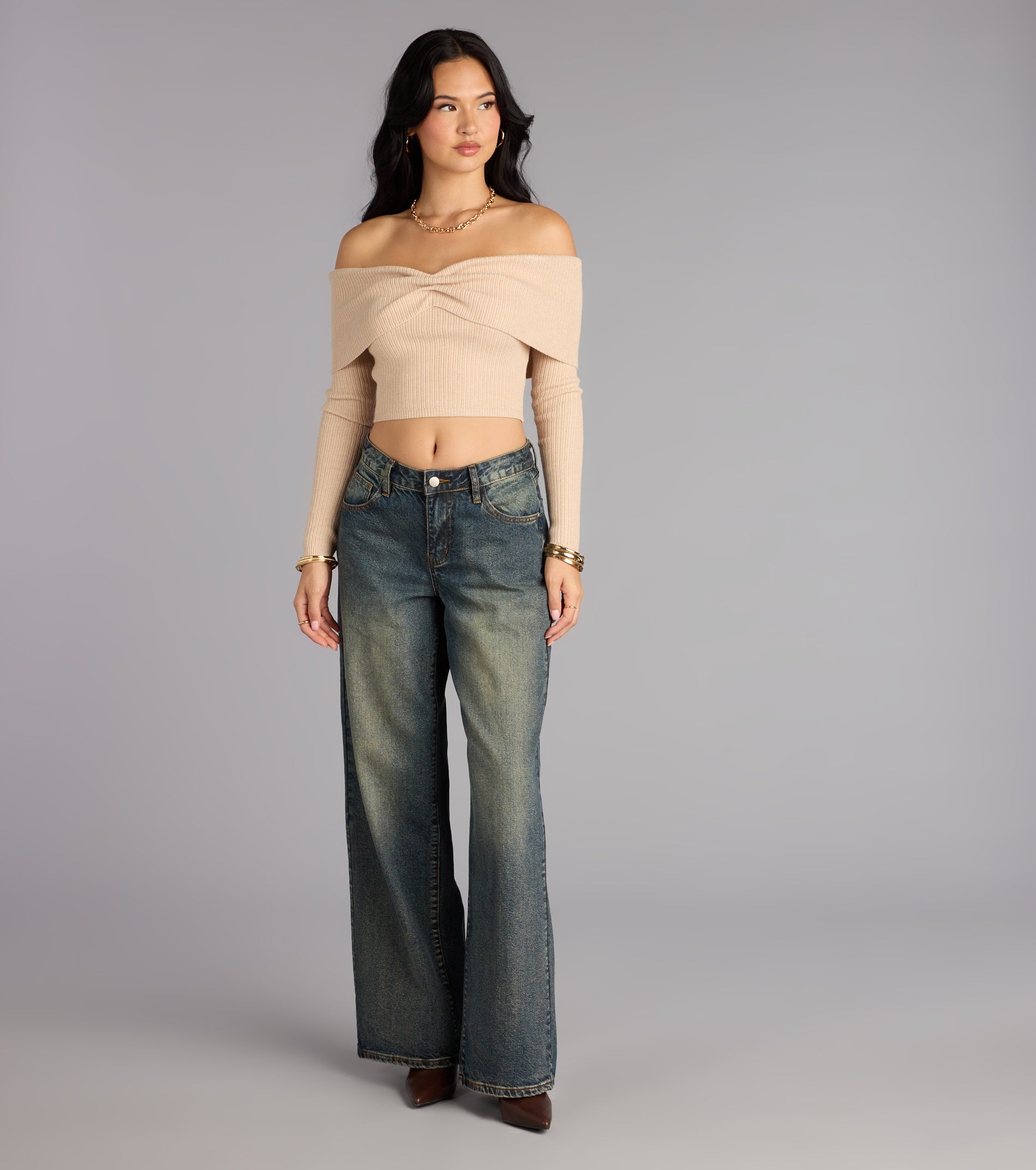Trendy women’s tops in 0, like the Snug Luxe Off-The-Shoulder Crop Top, bring effortless style for fall layering, lounging, or going out.