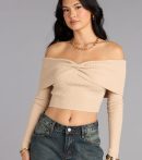 Trendy women’s tops in 0, like the Snug Luxe Off-The-Shoulder Crop Top, bring effortless style for fall layering, lounging, or going out.