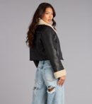 This black piece brings trend-right energy to the Downtown Girl Faux Leather Sherpa Crop Jacket, perfect for fall outfits that stand out.