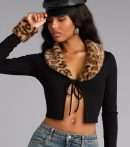 This piece brings trend-right energy to the Wild Chic Leopard Removable Faux Fur Cardigan, perfect for fall outfits that stand out.