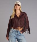This piece brings trend-right energy to the Trailblazer Faux Suede Fringe Jacket, perfect for fall outfits that stand out.