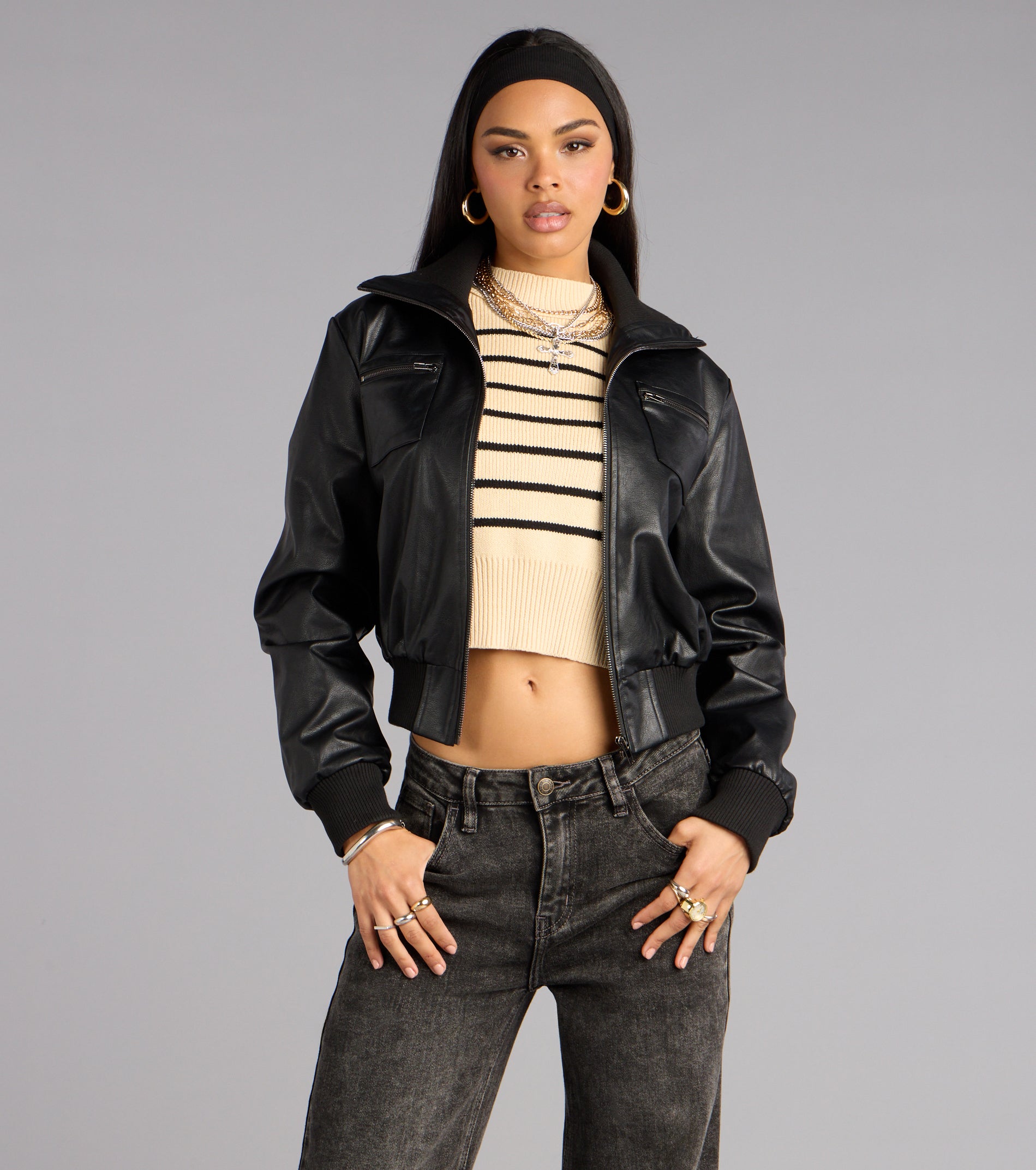 This black piece brings trend-right energy to the Cool Intentions Faux Leather Bomber Jacket, perfect for fall outfits that stand out.