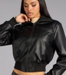 This black piece brings trend-right energy to the Cool Intentions Faux Leather Bomber Jacket, perfect for fall outfits that stand out.