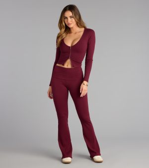 Make a fall statement in def7e0b0-4556-4e30-8dab tones that highlight the Chill Time Rib Knit Flare Pants as a must-have among fall bottoms for women.
